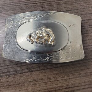 Source Unknown Silver Belt Buckle with Gold Horse Accent